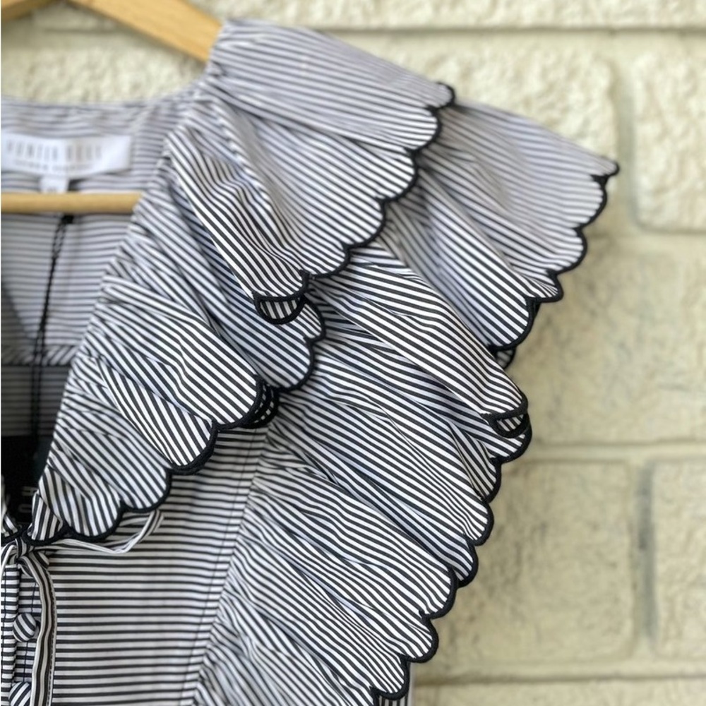 HUNTER BELL Black and White Striped Ruffle-Trim Tie-Neck Blouse - Picture 9 of 10